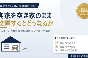 板が打ち付けられた空き家のイラスト。2026年9月3日改正の空家法ガイドラインと勧告による住宅用地特例の除外を解説するコラムのアイキャッチ