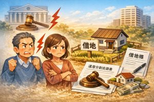 数次相続で借地上の建物をめぐり対立する相続人と、借地・遺産分割協議書・借地権のイメージ