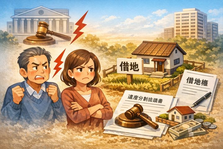 数次相続で借地上の建物をめぐり対立する相続人と、借地・遺産分割協議書・借地権のイメージ