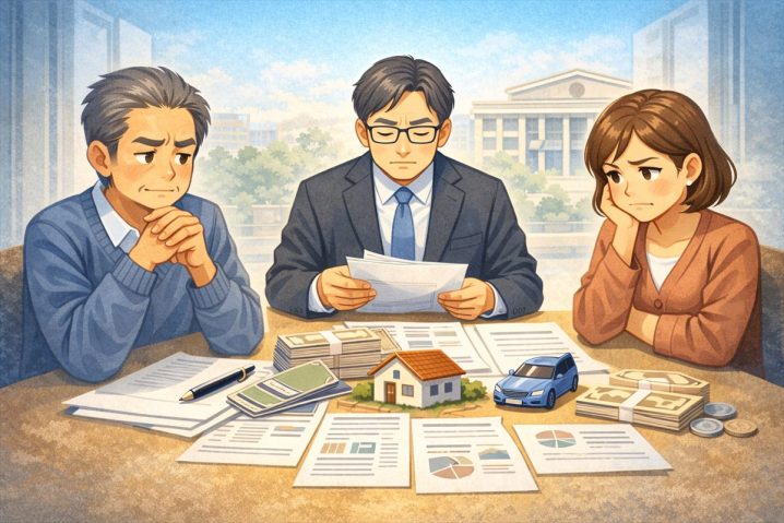 遺産の分け方を話し合う相続人と弁護士のイメージ（遺産分割調停の解決事例）