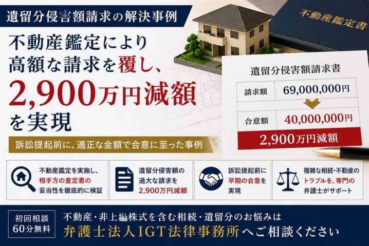 遺留分侵害額請求の解決事例：不動産鑑定により約6,900万円の請求を4,000万円で合意し、2,900万円減額