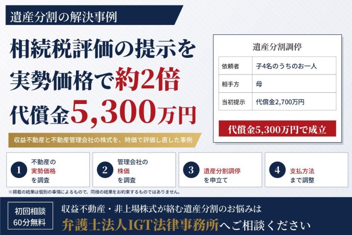 遺産分割の解決事例：相続税評価による提示を実勢価格で見直し、代償金5,300万円で調停成立