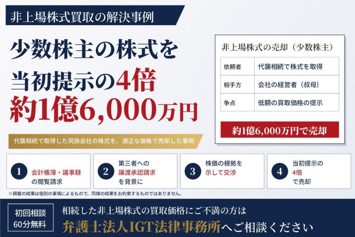 非上場株式買取の解決事例：少数株主の株式を当初提示の4倍、約1億6,000万円で売却