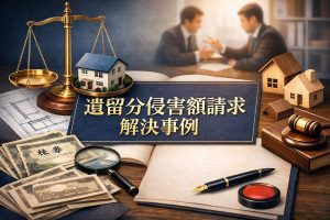 遺留分侵害額請求の解決事例(天秤・住宅模型・紙幣・書類のイメージ)